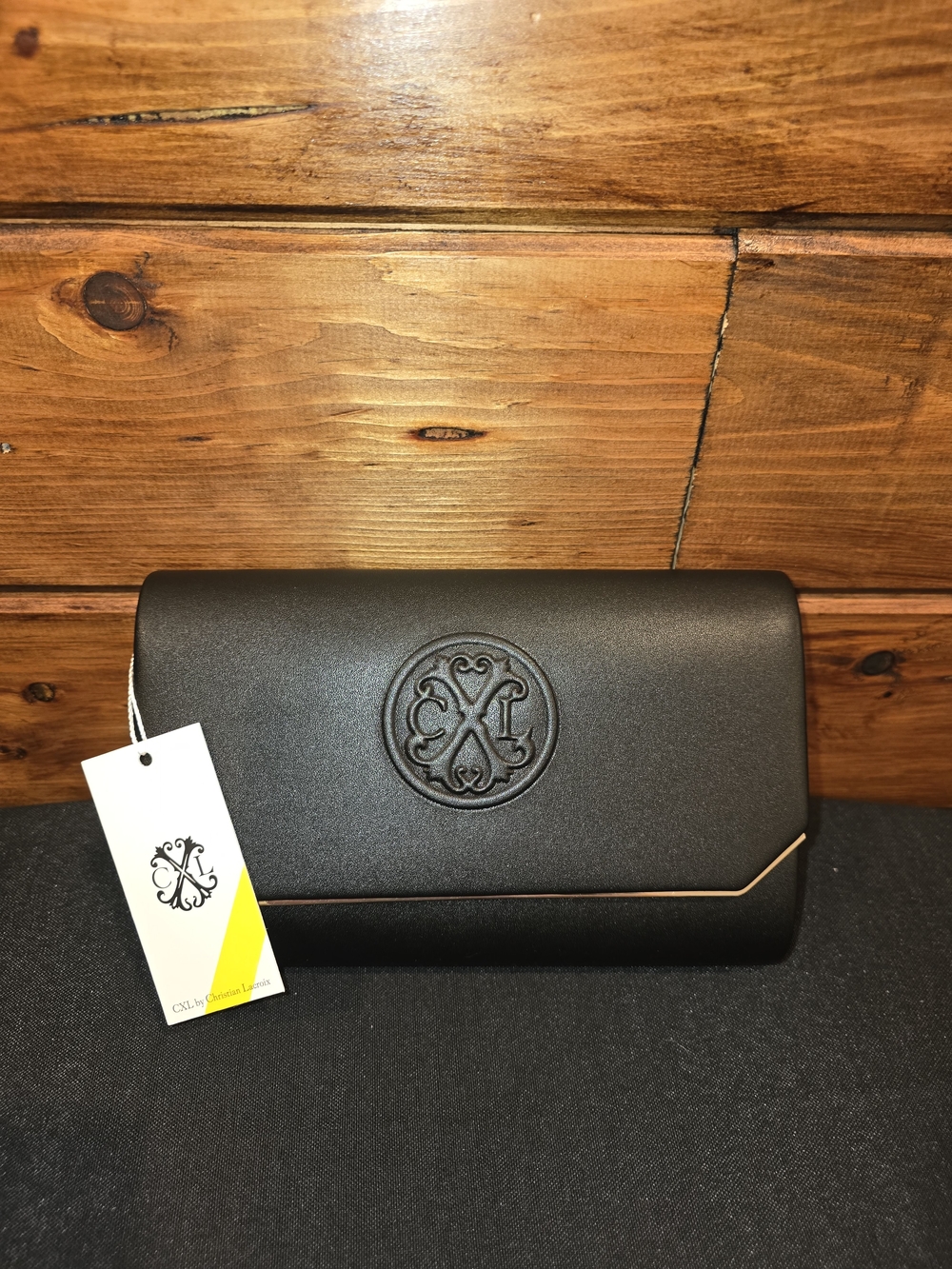 Christian Lacroix Leather Clutch with Embossed Logo And Gold Crossbody Chain